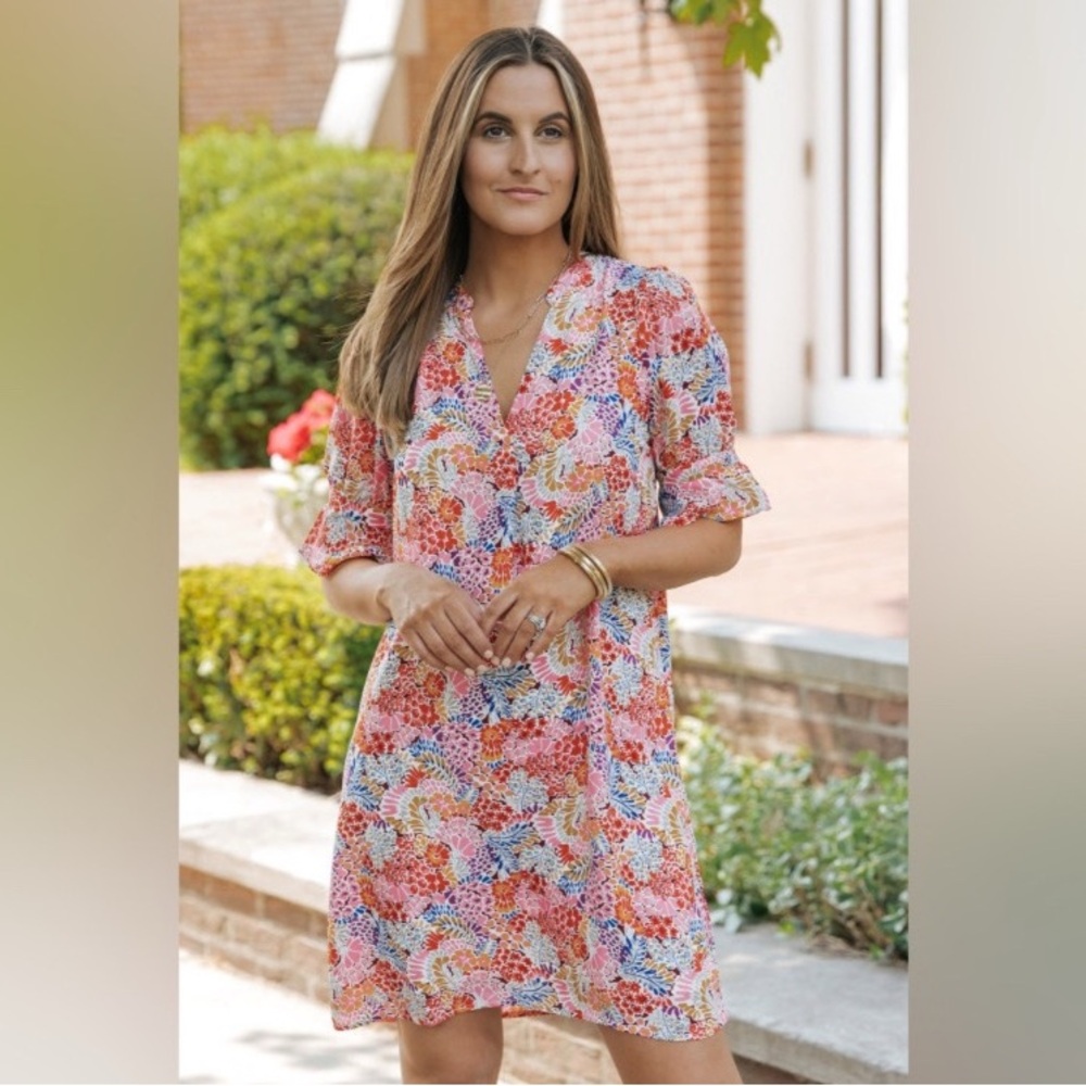 Jenny Boston Floral Dress, Size XL, Multicolor Boho Printed Flutter Sleeves